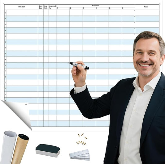 Large Dry Erase Project Planner for Tracking Milestones, 24x36 Inch Erasable Project White Board for Wall, Reusable Visual Milestone Tracker Poster Planning Status & Progress of Projects