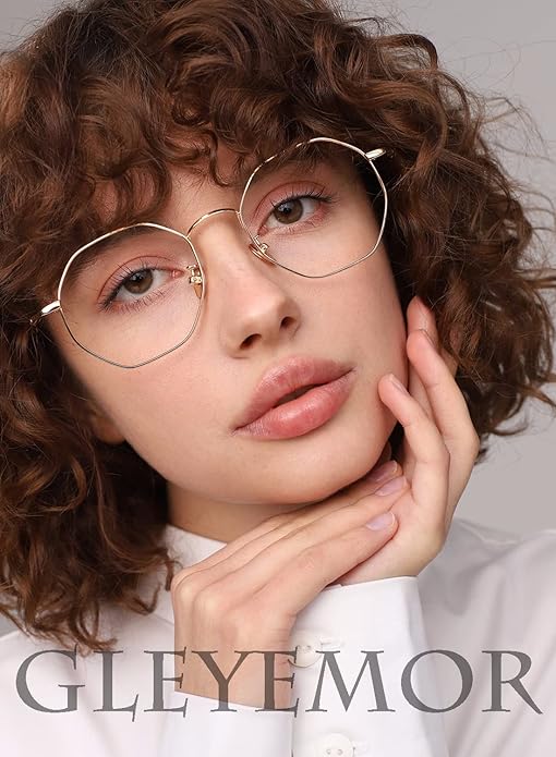 Gleyemor Blue Light Glasses for Women Men Vintage Octagonal Metal Gold Frame Computer Glasses
