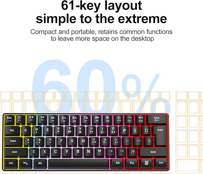 Wired RGB Gaming Membrance Keyboard. 60 Percent Mini Creamy LED Computer Keyboard .Small Ergonomic Clicky Teclado with ABS Backlit Unreplaceable Keycaps. (White Case + Grey Keycaps)