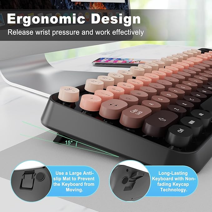FOPETT Wireless Keyboard and Mouse Combo - 2.4G Full-Sized Cute Colorful Mouse and Keyboard with 104 Round Keys Retro Typewriter Keyboard for Laptop/Windows/PC - Pink Gradient