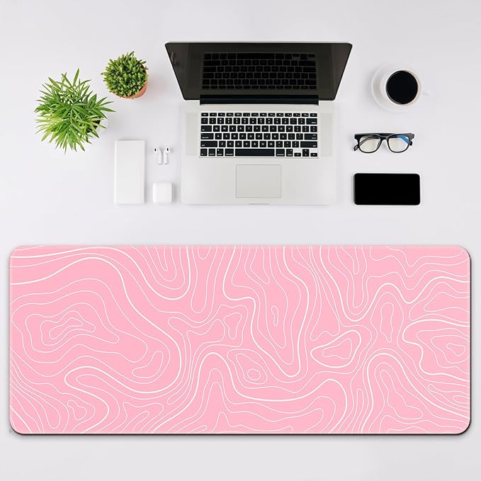 Gaming Mouse Pad 31.5 x 11.8in Large Mouse Pad with Anti-Slip Rubber Base（Pink with White Topographic Line）