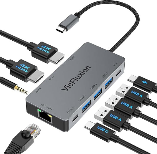 USB C Docking Station Dual Monitor, 9-in-1 USB Hub with 2 HDMI 4K@60HZ, 1×1000Mbps Ethernet, 3× USB 3.0, 1× Type C, 1× PD Charging, 1×3.5mm Audio, HDMI Adapter for Laptops/Computer/Tablets/Mac/Windows