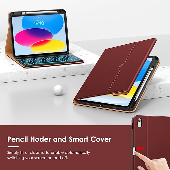 VIKESI Keyboard Case for iPad (A16,2025) 11th Generation/iPad 10th Generation Case (10.9" 2022),Premium Leather Smart Cover,Built-in Breathing Light,Function Row,Pencil Holder,Card Slots - Wine Red