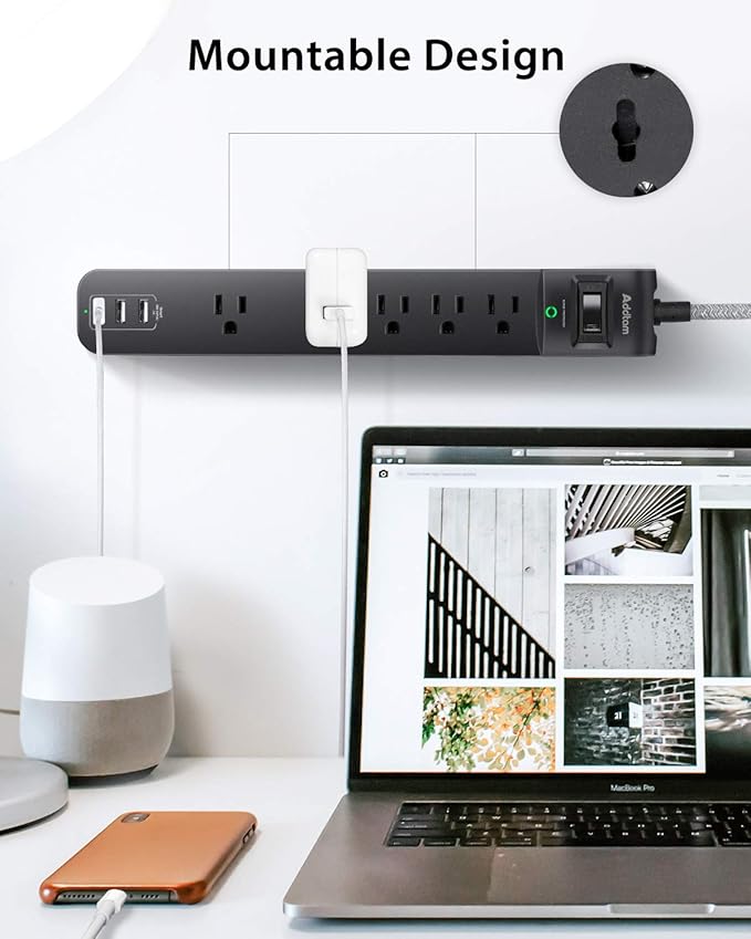10Ft Long Surge Protector Power Strip - Extension Cord with Multiple Outlets, 5 Widely Outlets 3 USB Charging Ports, Flat Plug Overload Surge Protection, Wall Mount for Home, Office ETL Listed, 2 Pack