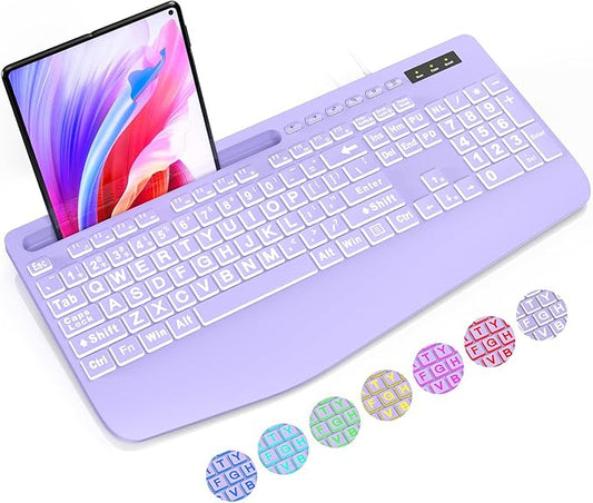 SABLUTE K21Pro Large Print Backlit Computer Keyboards, Wired Lighted USB Keyboards with 7-Color Backlit, Wrist Rest, Phone Holder, Easy to Read and Type for Laptop, PC, Windows, Desktop (Purple)