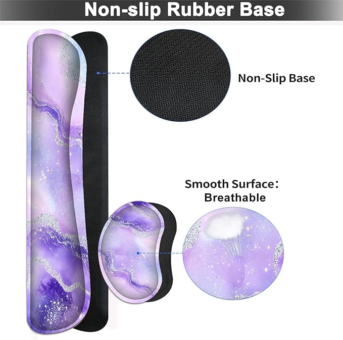 Large Mouse pad and Keyboard Support Set, Ergonomic Memory Foam Keyboard Wrist Rest, Extended Gaming Mouse Pad with Stitched Edges, Purple Glitter Agate XXL Desk Mat (31.5 X 11.8 in)