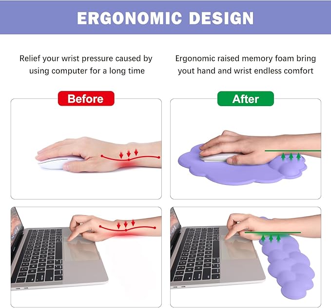 Cloud Keyboard Wrist Rest and Mouse Pad with Wrist Support Set, Ergonomic PU Leather Mousepad, Pain Relief Memory Foam Non-Slip for Computer,Laptop,Lavender Purple