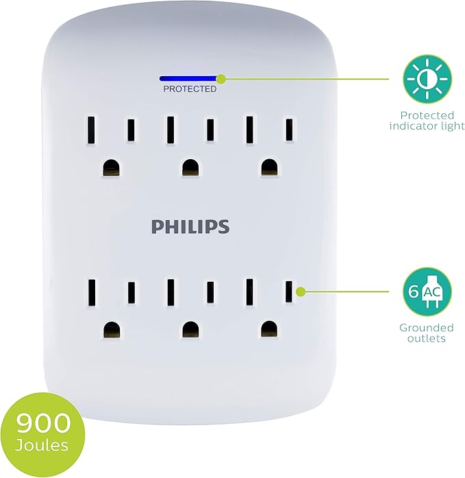 Philips 6-Outlet Extender Surge Protector, 900 Joules, 3 Prong, Space-Saving Design, Protected Indicator LED Light, 4 Pack, White, SPP3469WA/37