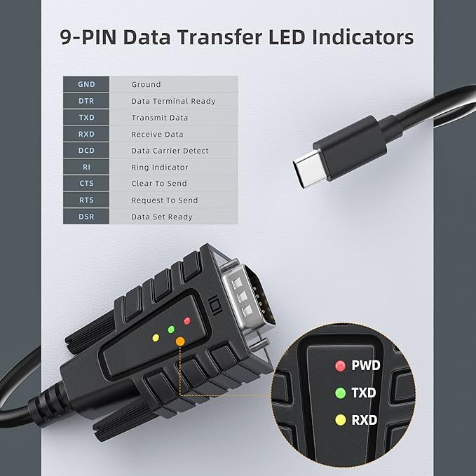 DriverGenius SerialEdgeX | USB-C to Serial RS232 DB9 Adapter Cable with 3 x LED Indicators - Prolific PL2303GC - Compatible with Windows 11, macOS 15, Linux (USB232A-B-C, 3ft/1m)