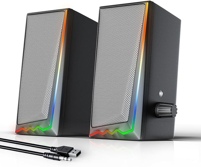 Computer Speakers, Desktop Speakers with Various Colorful LED, Gaming Speakers with Volume Control,for PC, AC Adapter Powered and 3.5mm AUX-in Computer Speakers