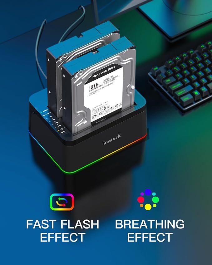 Inateck RGB USB 3.0 USB-C Port Hard Drive Docking Station with Offline Cloning, for 2.5/3.5 Inch SATA HDDs and SSDs, 2 x 20TB Dual Bay Docking Station, UASP Supported, SA02003C