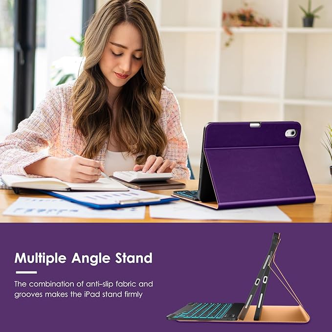 VIKESI Keyboard Case for iPad (A16,2025) 11th Generation/iPad 10th Generation Case (10.9" 2022),Premium Leather Smart Cover,Built-in Breathing Light,Function Row,Pencil Holder,Card Slots - Purple