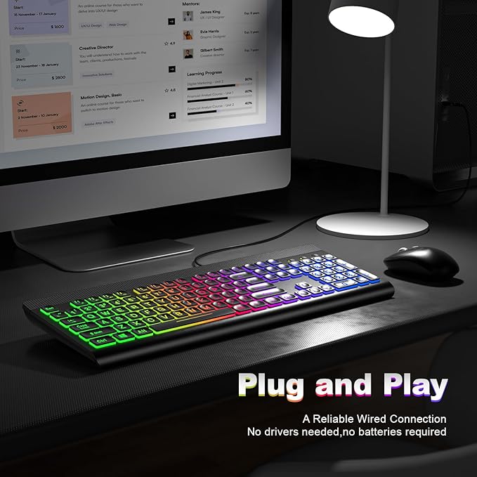 Large Print Backlit Keyboard, Multiple Color Rainbow LED Backlit Large Size USB Wired Computer Keyboard, Full Size Multimedia Keyboard for Windows Desktop, Laptop, PC