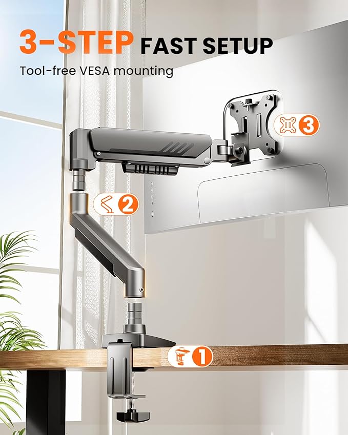 ErGear Single Monitor Arm, Fully Adjustable Monitor Mount for 13–34 Inch Screens, Fast Install Computer Monitor Stand with Tool-Free VESA Mount, Cable Management, Holds 19.8 lbs, Max VESA 100x100mm