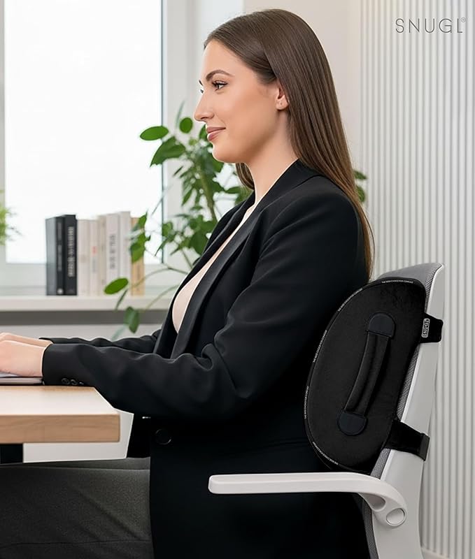 SNUGL Lower Back Support Cushion for Chair and Car Seat | Memory Foam Back Lumbar Support Cushion with Dual Straps | Ergonomic Office Chair with Non-Slip Back Layer | Black