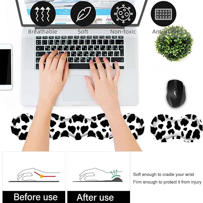 Keyboard Wrist Rest and Mouse Pad Wrist Support Set,Ergonomic Memory Foam Wrist Pad & Non Slip Base for Home Office Working Studying Easy Typing,Cow Pattern