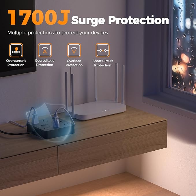 TESSAN Black Surge Protector Power Strip, Flat Plug Extension Cord 5 FT with 6 Outlets 3 USB Charger (1 USB C), 1700J Protection Multiple Outlets Charging Station for Home, Office, College Dorm Room