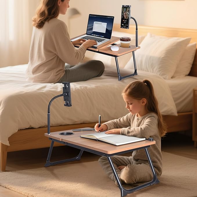 wishacc Lap Desk for Bed, Laptop Desk with Adjustable Tablet Stand, Sturdy Metal Frame Bed Desk, Foldable Laptop Bed Tray Table for Adults Couch Sofa, Portable Lap Desk for Laptop & Phone Slot