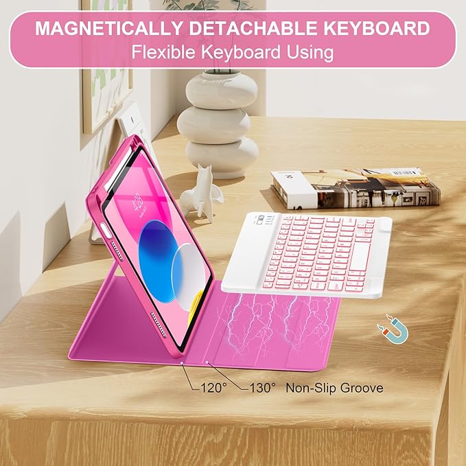 Soke for iPad (A16) 11th/10th Generation Case with Keyboard(2025/2022)-7 Color Backlight Wireless Detachable Folio Keyboard Cover with Built-in Pencil Holder for iPad 11/10.9 inch, HotPink Marble