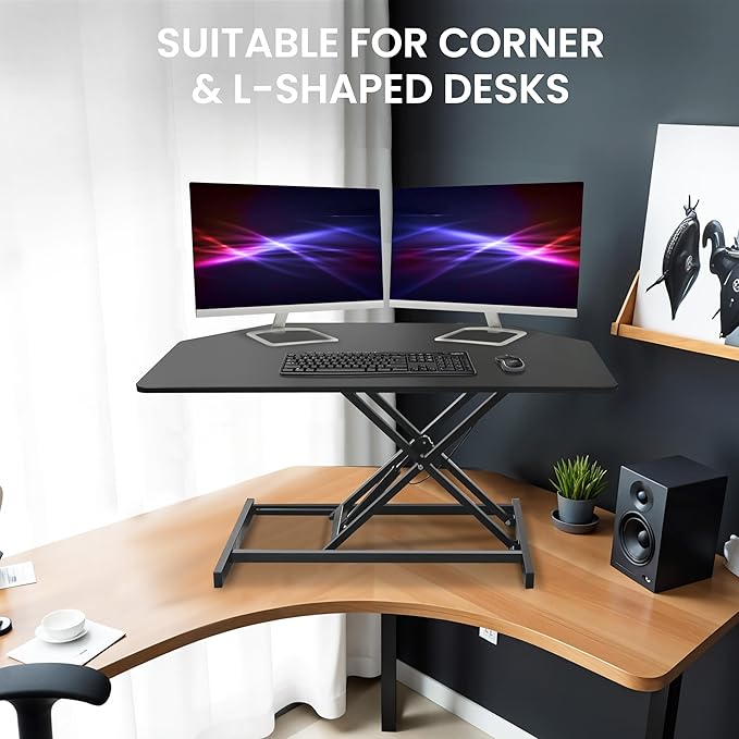 Aconcept 38 inch Black Corner Height Adjustable Standing Desk Converter, One-Click Sit to Stand up Desk Riser, Pre-Assembled for Dual Monitor and Laptop Workstation