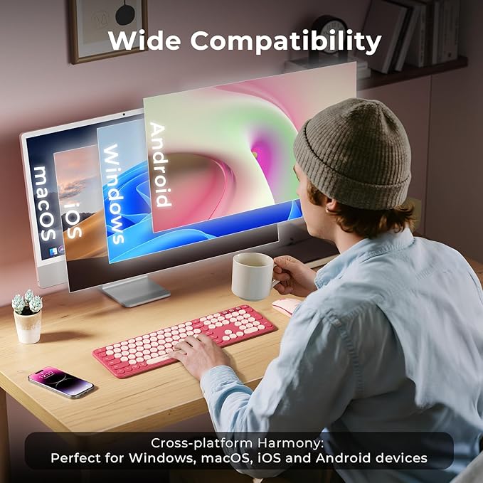 seenda Wireless Bluetooth Keyboard and Mouse Combo, COE202 Retro Cute Round Keycaps, 3 Multi-Device Connection, Full Size Keyboard Compatible for PC/Laptop/Mac/MacBook/iPad/Tablet, Pink