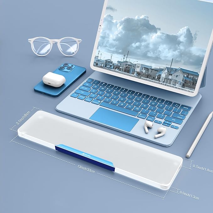 Acrylic Gaming Keyboard Wrist Rest,Clear Ergonomic Palm Rest with Anti-Slip Base,Customized Metal CNC Aluminum Alloy Logo for Compact 60% Computer Keyboard,Office,PC Gaming,Laptop,Mac,Easy Typing-Blue