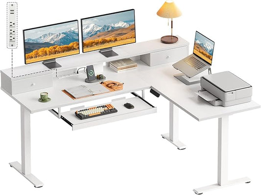 OffiGo 59 Inch L Shaped Electric Standing Desk with Drawers, Height Adjustable Corner Computer Desk with Keyboard Tray & Monitor Stand, Stand Up Table for Home Office Workstation, White