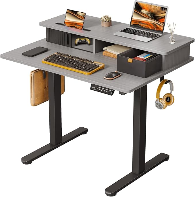 JOY worker Small Electric Standing Desk, 35" x 25" Height Adjustable Table with Built-in Monitor Stand & Storage Drawer, Grey Sit Stand Desk with 2 Hooks for Home Office