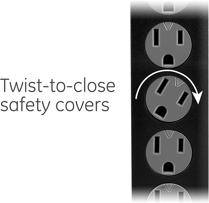 GE 6-Outlet Surge Protector, 2 Pack, 2 Ft Extension Cord, Power Strip, 450 Joules, Heavy Duty Plug, Twist-to-Close Safety Covers, UL Listed, Black, 54626