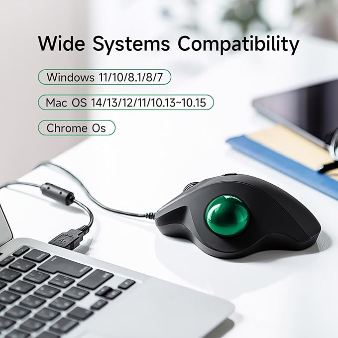 SANWA Wired Ergonomic Trackball Mouse, Optical Vertical Rollerball Mice, Silent Buttons, 34mm Trackball, 600/800/1200/1600 DPI, Compatible with MacBook, Laptop, Computer, Windows, macOS, Green