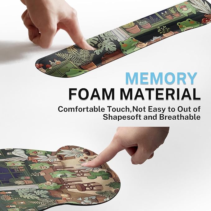 Arttown Cute Frog Desk Mat Plant Cartoon Mouse Pad Set 4 in 1 Ergonomic Design Large Mouse Pad + Keyboard Wrist Rest + Mouse Wrist Rest + Coaster Suitable for Home Office Study Game