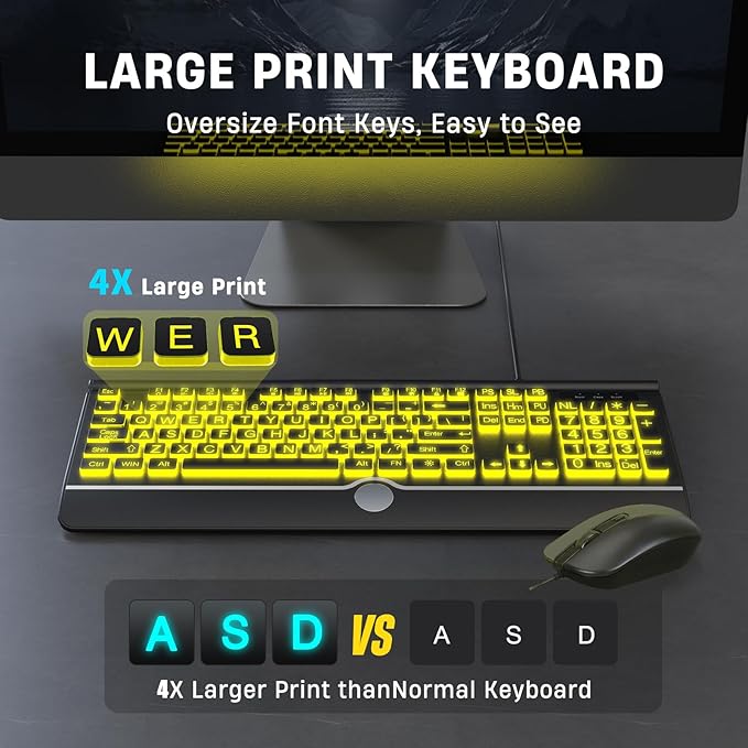Wired Keyboard and Mouse Combo - Large Print Light Up Keyboard, USB Silent Wired Backlit Keyboard and Optical Mouse for Windows, PC, Laptop - Easy to See, USB Play and Plug
