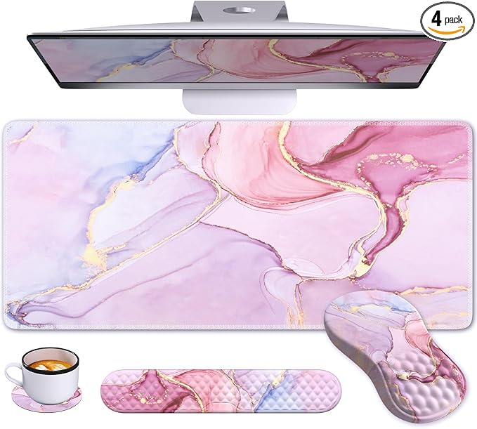 Pink Desk Mat, Large Mouse Pad with Wrist Rest, Ergonomic Keyboard Wrist Support, Carpal Tunnel Mousepad XXL Cushion with Coaster Set, Computer Keyboard Mat, Pink Marble