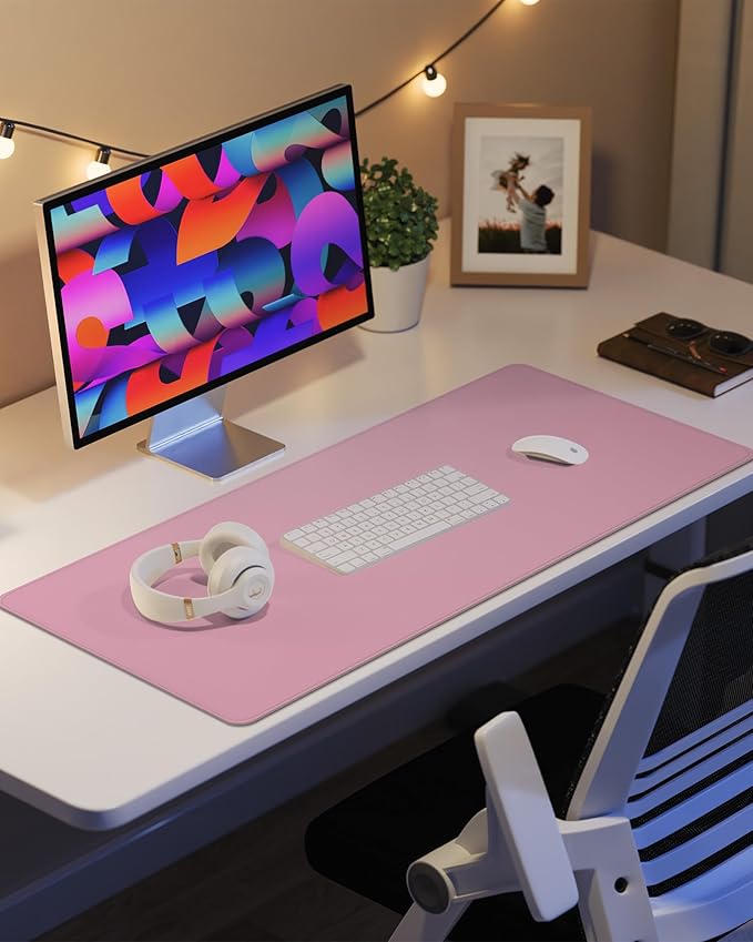 Leather Desk Pad Protector,Desk Mat,Large Mouse Pad, Non-Slip Desk Pad, Waterproof PU Leather Desk Blotter Mat, Desk Cover for Office and Home (Pink, 36" x 17")