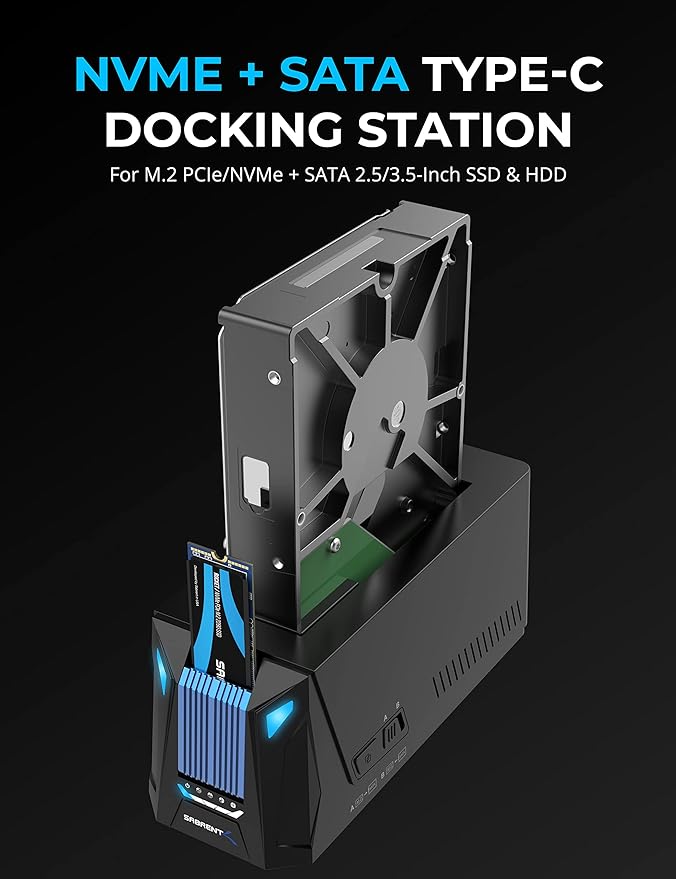 SABRENT USB C Docking Station for M.2 PCIe/NVMe and SATA 2.5/3.5 Inch SSD & HDD with Offline Cloning (DS-UNHC)