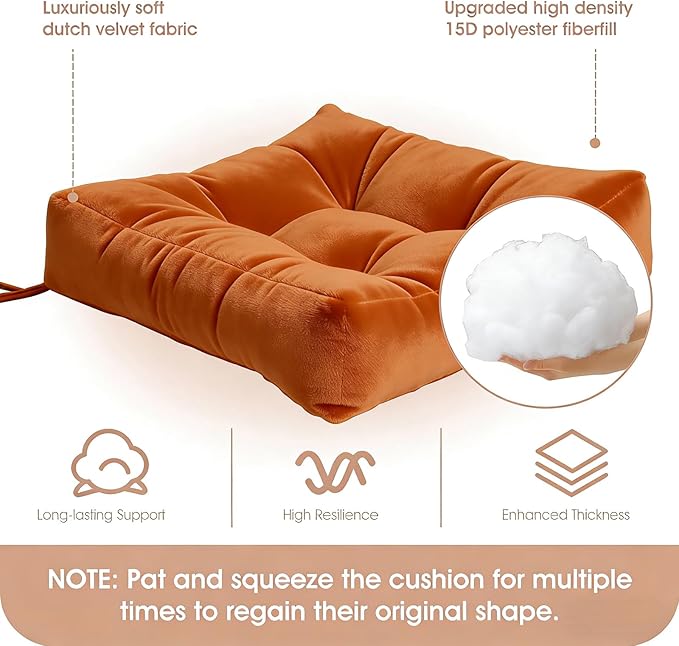 Rocking Chair Cushion Indoor Large Chair Pads Set with Ties Extra Lumbar Pillow Premium Dutch Velvet High Resilience Filler Non-Slip Bottom, Orange
