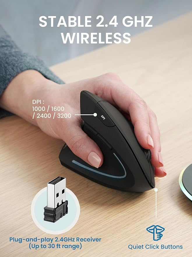 Perixx PERIMICE-713LR - Left Handed Cordless Rechargeable Vertical Mouse - Duo Wired and Wireless Charging Feature - 6 Buttons Design - Left Handed