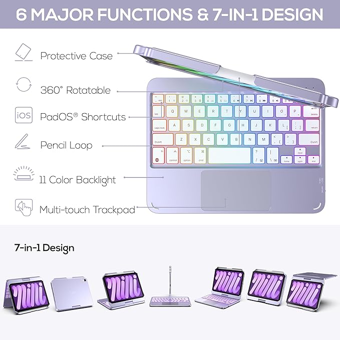 typecase Keyboard Case for iPad mini 7 (2024) & mini 6 (2021) - Wireless Case with Keyboard for iPad mini 7th 6th Generation 8.3" - 11 Colors Backlit Keyboard Cover with Trackpad - Light Purple