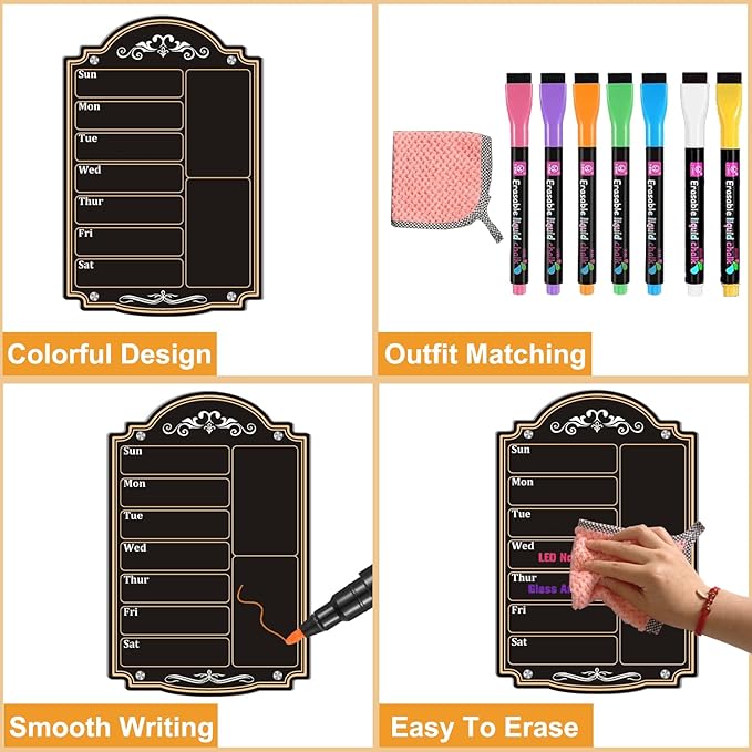 Acrylic Magnetic Dry Erase Board Calendar for Fridge 12" x 8" Black Weekly Planner Whiteboard for Refrigerator Magnet Planning Calendars to Do List Family House Kitchen Decor with 7 Colors Markers