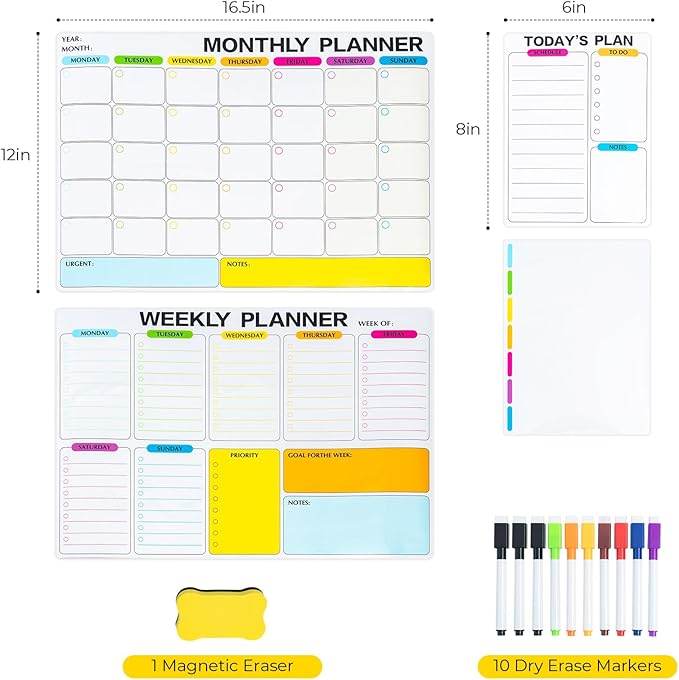 4 Pack Dry Erase Calendar for Fridge, 16.5 x 12 Monthly & Weekly & Daily Chore Chart, Planning Whiteboard with 10 Markers and Eraser, Use for Refrigerator Wall Door- Shopping, Meal/Menu, to Do List