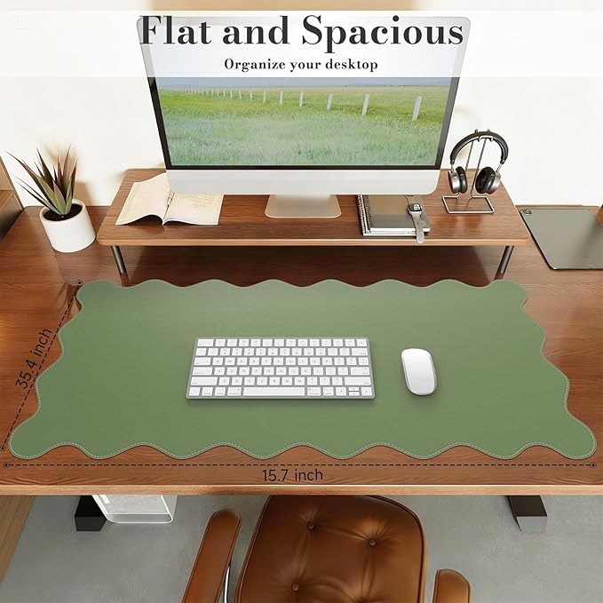 iCasso Leather Mouse Pad,Extra Large Desk Pad with Stitched Edges,Cute Scalloped Computer Mat for Desktop,Non-Slip Nail Mats Green,Waterproof Desk Protector for Office Home School