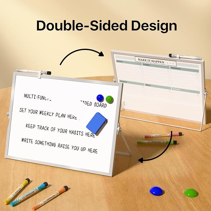 Dry Erase White Board with Stand,Double-Sided Weekly Whiteboard 16"x12",10 Markers,6 Magnets,1 Eraser,Portable Desktop Whiteboard for Planning,Weekly Schedule Board for Office