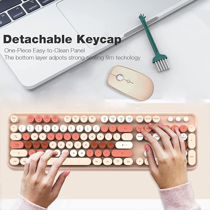 Wireless Keyboard and Mouse Combo,Retro Typewriter Keyboard with 104 Cute Colorful Round Keys,Brown Coffee keyboard and Mouse Set for Long Nail,2.4GHz Full Size Keyboard with 3 DPI Mouse for PC Laptop