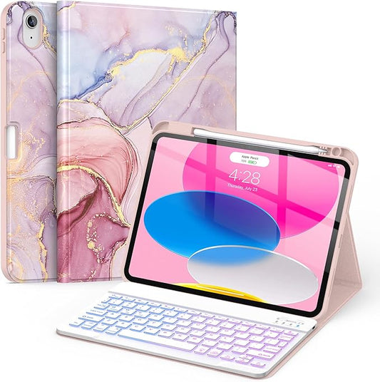 Soke for iPad (A16) 11th/10th Generation Case with Keyboard(2025/2022)-7 Color Backlight Wireless Detachable Folio Keyboard Cover with Built-in Pencil Holder for iPad 11/10.9 inch, Dreamy Marble