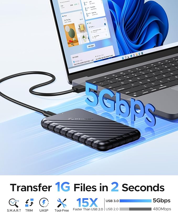 ORICO 2.5 inch External Hard Drive Enclosure USB 3.0 to SATA III for 7mm and 9.5mm SATA HDD SSD Tool Free [UASP Supported] Black (25PW1-U3)