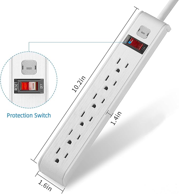 TiFFCOFiO Surge Protector Power Strip, 4 Feet Extension Cord, 600 Joules Surge Protection, Multiple Protection 6 Outlet Strip, 14 AWG Cord, 15A/1875W, ETL Listed