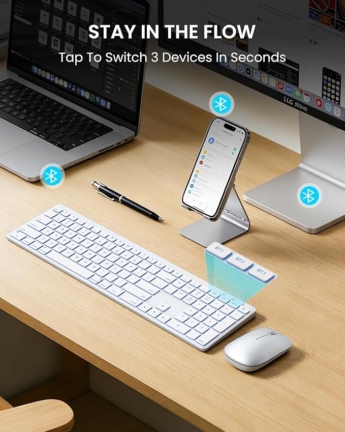 SABLUTE Bluetooth Keyboard and Mouse for Mac — 7-Color Backlit, Multi-Device, Rechargeable, Full-Size Wireless Keyboard Mouse Combo with Quiet Scissor-Switch Keys & Tilt Legs for Mac (Silver White)