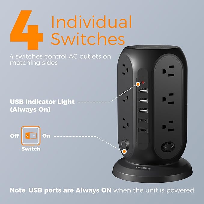 Black Surge Protector Power Strip with 4 Individual Switches, TESSAN USB C Charging Station Power Tower with Flat Extension Cord 10 Ft, 12 Outlets Black Extension Cord, Dorm Room, Office Accessories