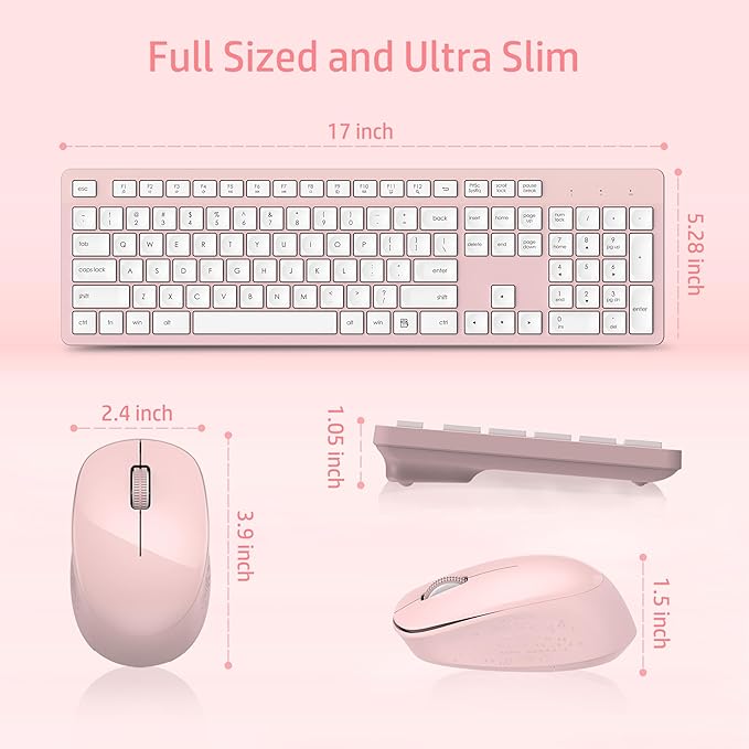 LeadsaiL Pink Wireless Keyboard and Mouse Combo, Full-Sized Ergonomic Computer Keyboard, 2.4GHz Cordless Keyboard Silent Mouse Set with 2-in-1 USB Receiver, 12 FN Shortcuts for Windows Laptop, PC/Mac
