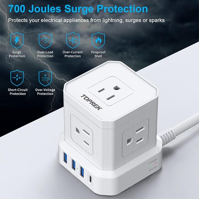 Extension Cord 25 FT, TOPREK 5 AC Outlets 4 USB, Power Strip with USB, USB C (15.5W/3.0A) Power Strip Surge Protector, Flat Plug Extension Cord for Apartment, Home Studio, RV
